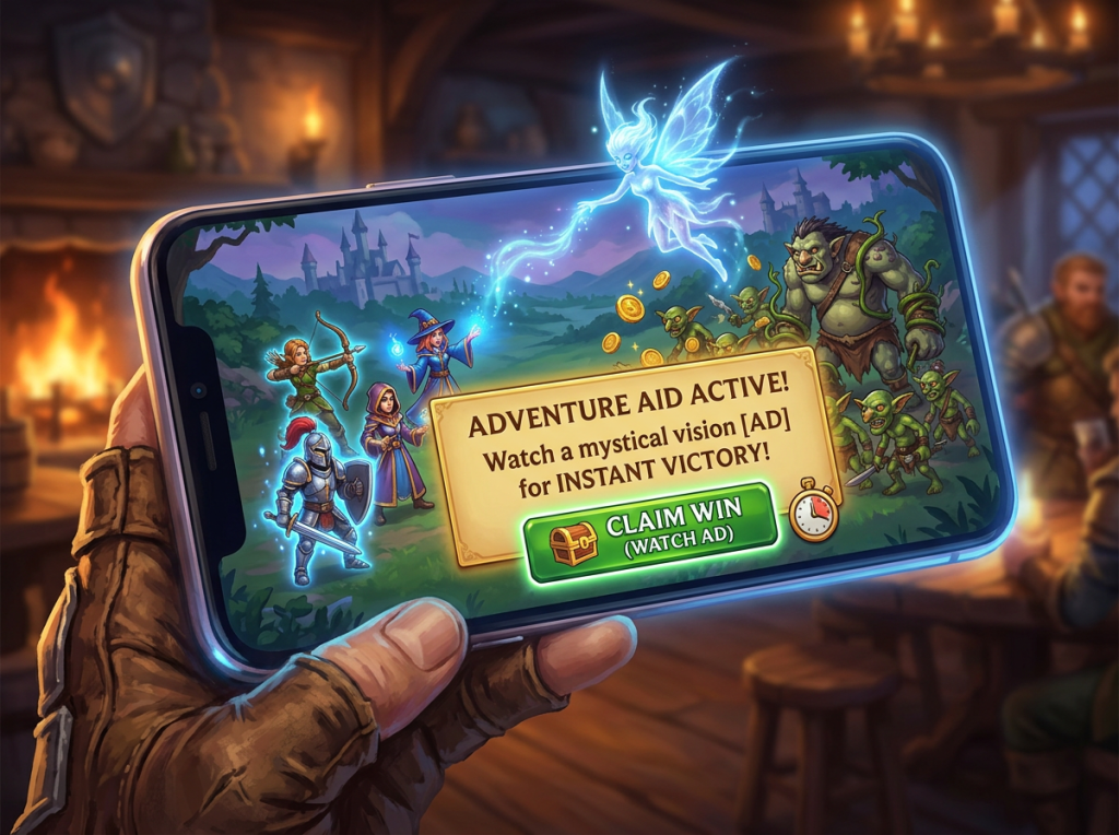 Mobile screen showing fantasy characters battling goblins with a prompt to watch an ad for instant victory