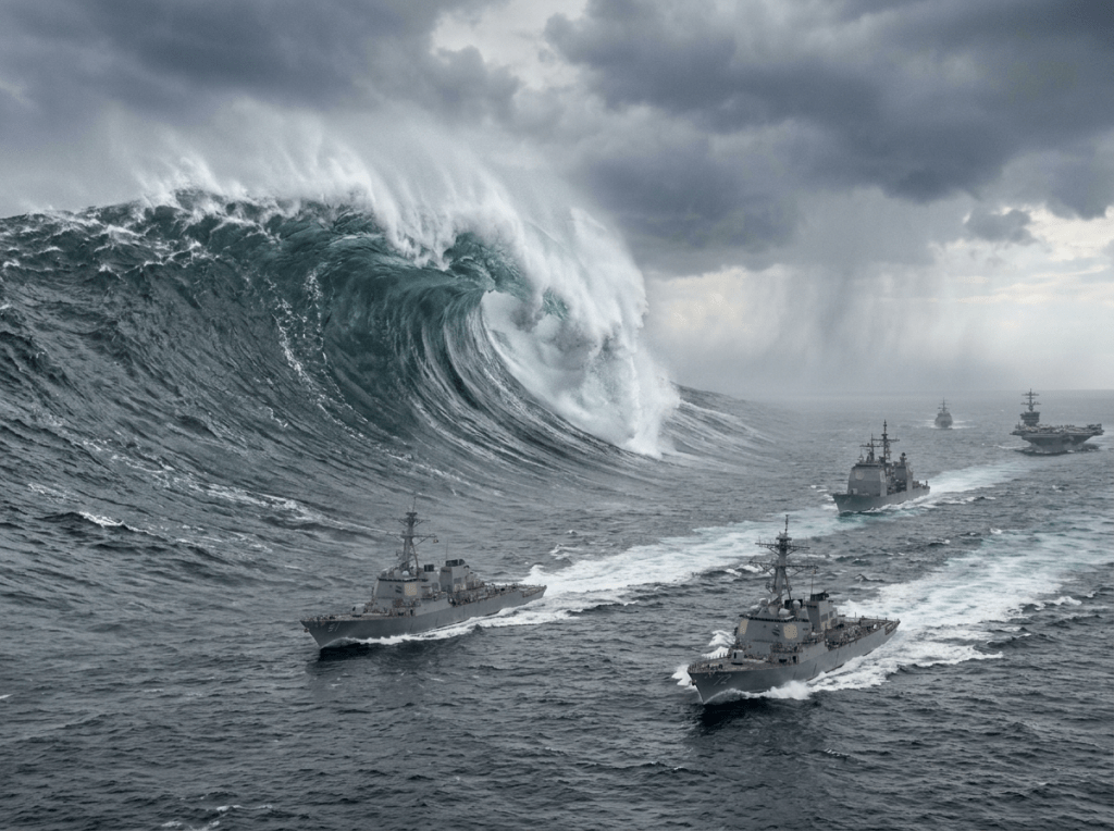 Several naval ships sailing in formation near a giant breaking ocean wave under stormy skies